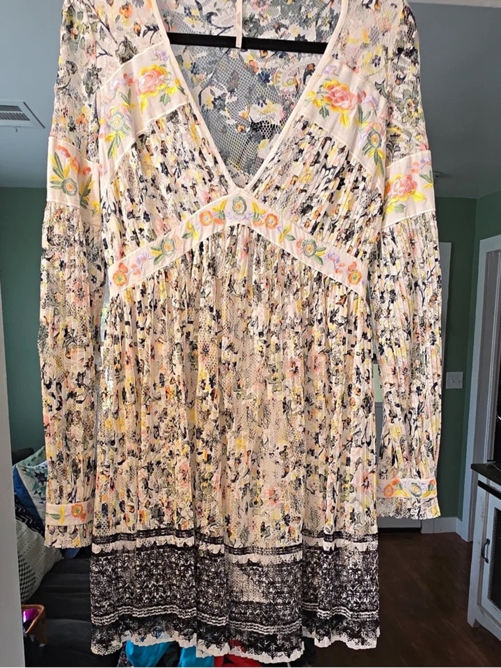 Free People Cream Floral V‑Neck Embroidered Peasant Dress